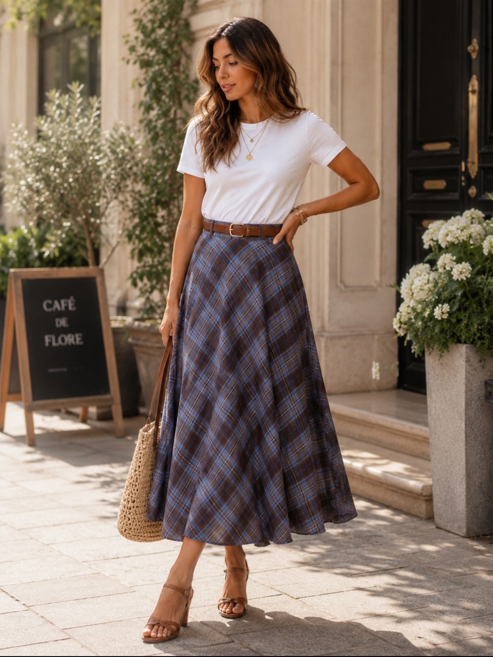 FROM PARIS FRANCE 🇫🇷 Plaid Blue Maxi Skirt